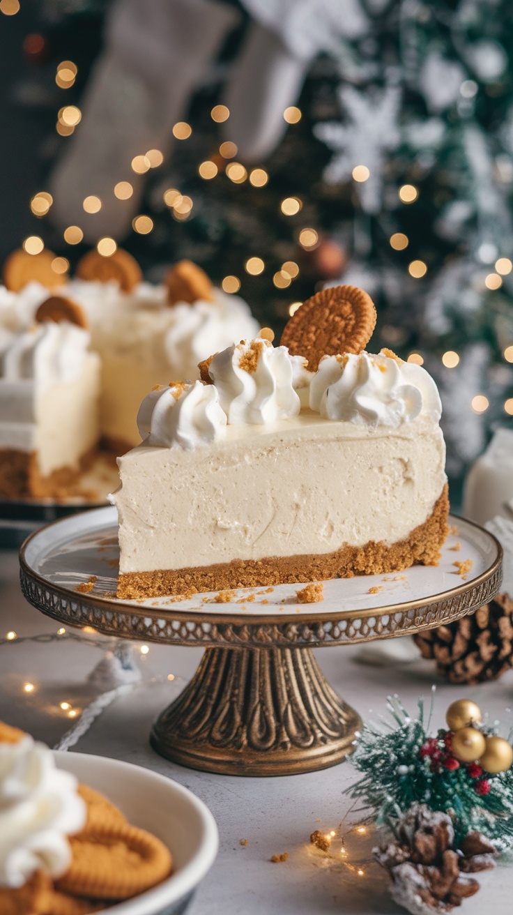 Slice of no-bake eggnog cheesecake with gingersnap crust, topped with whipped cream and gingersnap crumbs, on a festive table.